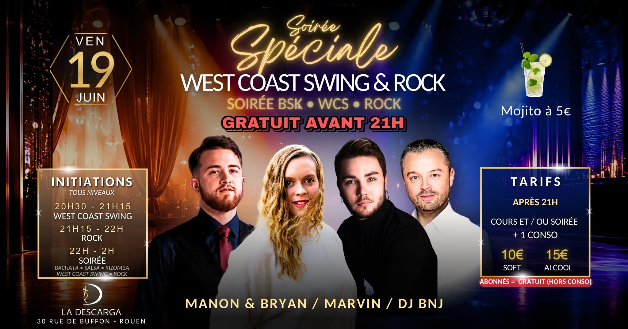 Affiche de Soirée Spéciale cours de West Coast Swing & Rock - (Soirée Bachata, Salsa, Kizomba, WCS & Rock)