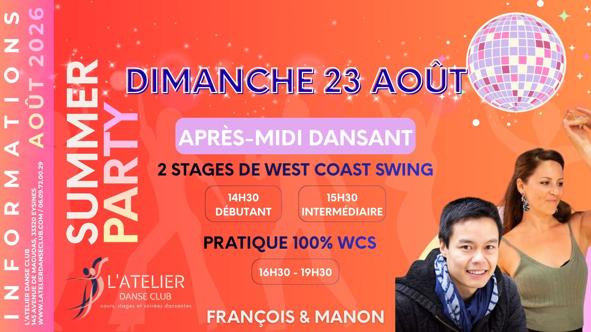 Affiche de STAGES DE WEST COAST SWING & PRATIQUE 100% WCS - SUMMER PARTY 🌸