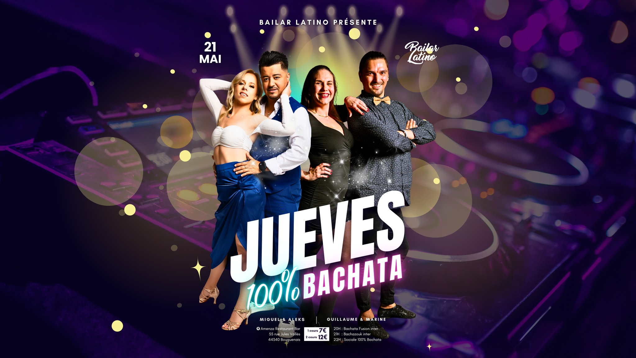 Affiche de 💜 JUEVES 100% BACHATA 💜 #14 by Bailar Latino & Amenza