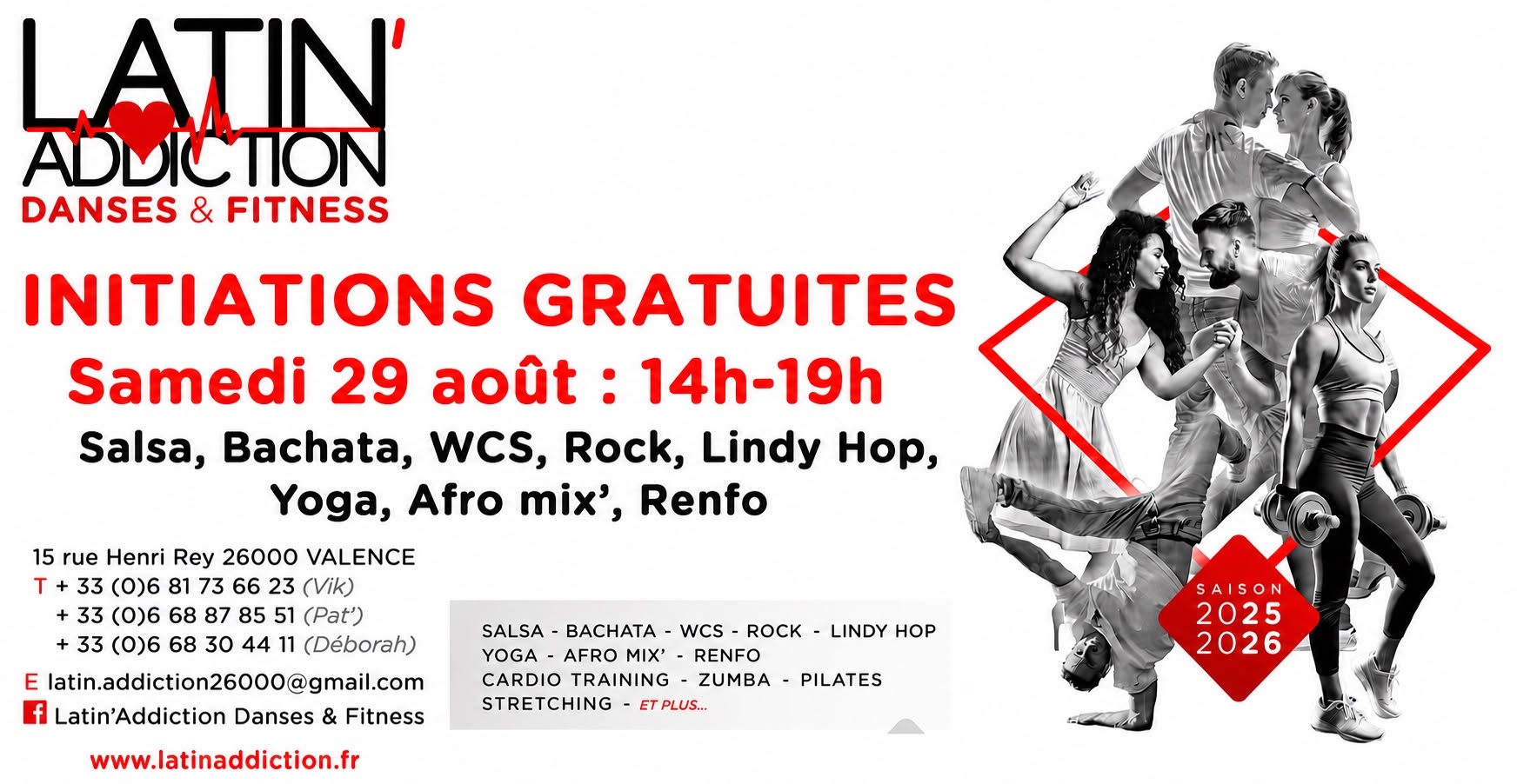 Affiche de Initiations gratuites Salsa - Bachata - Rock - Lindy Hop - WCS - Yoga - Afro mix - Renfo 
