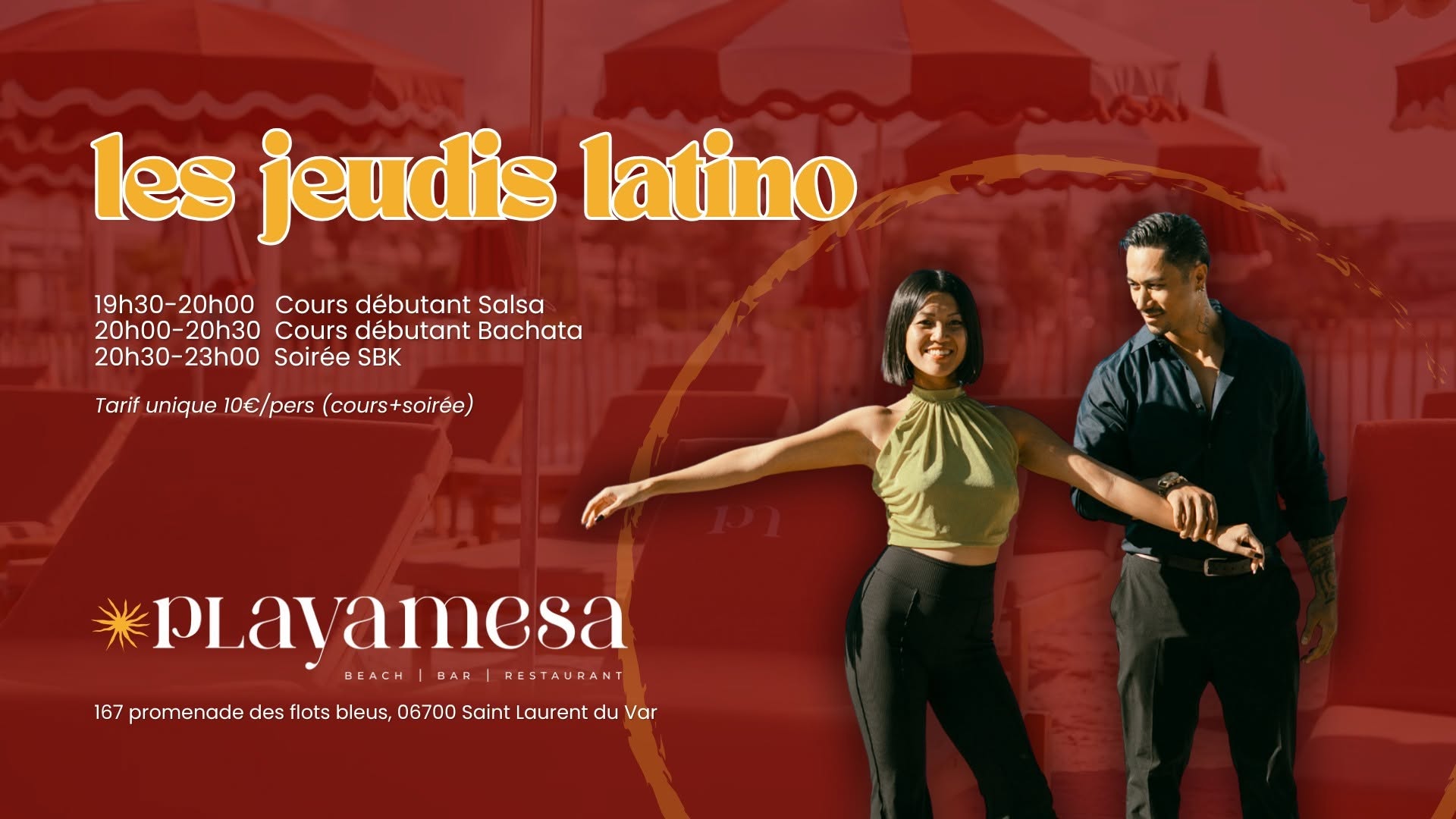 Affiche de JEUDI LATINO au PlayaMesa : cours debutant Salsa & Bachata | soirée SBK