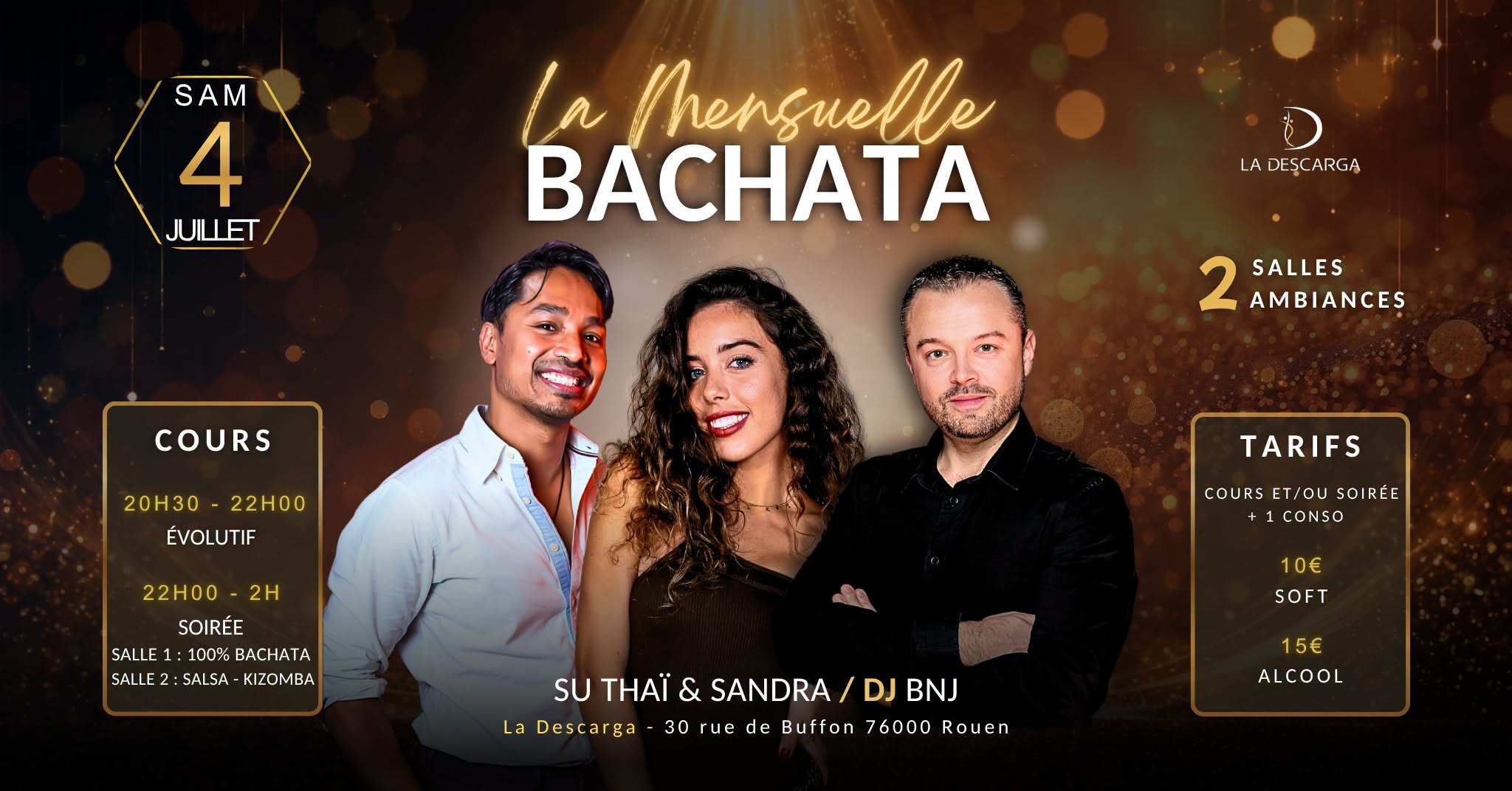 Affiche de La Mensuelle Bachata de JUILLET à La Descarga