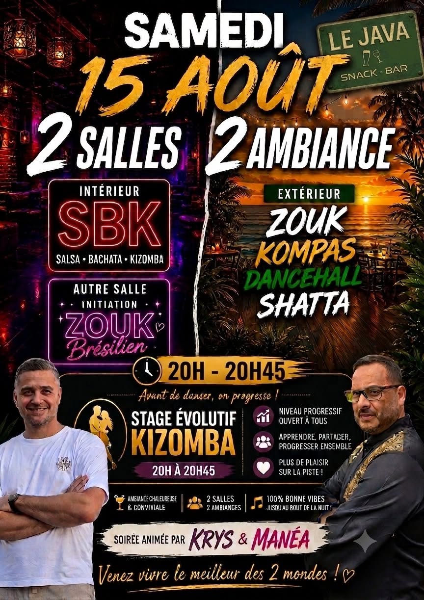Affiche de 💥 SOIRÉE 2 SALLES / 2 AMBIANCES @ JAVA BAR (GUIDEL) 💥 LE 15 AOUT 2026