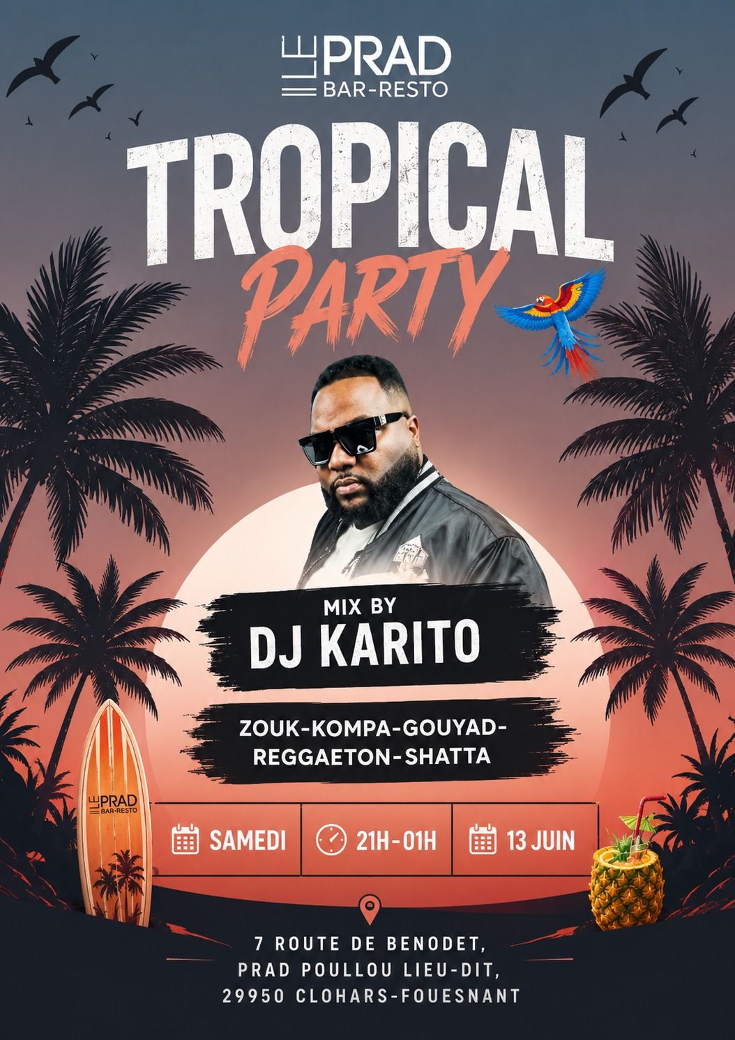 Affiche de **Tropical Party - Dj KARITO** @ Le Prad (bar intérieur)